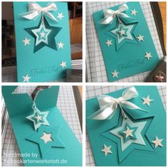 four pictures of the inside of a card with white stars and ribbons on it,