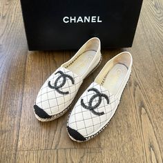 Brand New With Box And Dust Bag Chanel Size 38 Chanel Summer Shoes, Elegant Cream Espadrilles With Round Toe, Luxury Beige Espadrilles With Flat Heel, Designer Beige Flat Espadrilles, Designer Beige Flat Heel Espadrilles, Designer Beige Espadrilles, Luxury Beige Espadrilles With Woven Sole, Chic Cream Flat Espadrilles, Designer White Espadrilles With Woven Sole