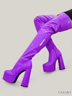 Lasaky - Elegant Over-the-knee Boots with Stylish Purple Hue, Platform Block Heel, and Alluring Thigh-High Design Purple Boots Aesthetic, Purple Thigh High Boots, Thigh High Boots Summer, Vintage Shoes Men, Boots With Platform, Seductive Style, Light Aesthetic, Spike Shoes, Groom Shoes