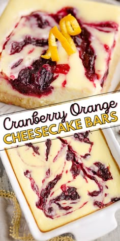 two cheesecake bars with cranberry orange toppings on top and the words cranberry orange cheesecake bars above them