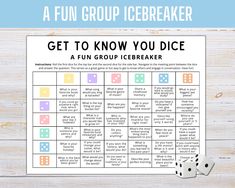 a fun group icebreakerer game with dices on it and the words get to know