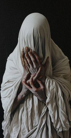 a painting of a person covered in white cloth covering their face with hands and fingers