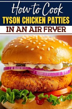 chicken patties in an air fryer with text overlay