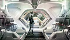 a sci - fi character standing in the middle of a space station with lots of seats