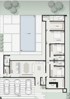 the floor plan for a modern house with three car garages and two living areas