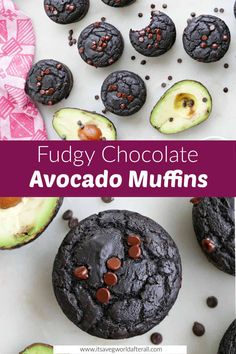 fudgey chocolate avocado muffins on a white surface with text overlay