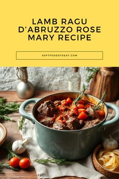 a pot filled with meat and vegetables on top of a wooden table next to other foods