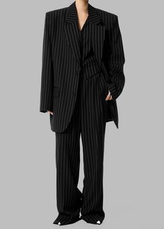 Holland Pleated Trousers - Black/White Pinstripe – The Frankie Shop Elegant Striped Blazer With Pockets, Classic Striped Suits With Pockets, Tailored Striped Suits With Pockets, Classic Striped Office Pants, Classic Striped Pants For Office, Elegant Striped Pants With Pockets, Classic Striped Pants For Work, The Frankie Shop, Suiting Fabric