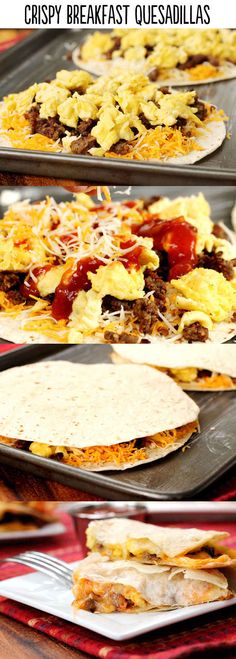 there are many different types of breakfast quesadillas on trays with the words crispy breakfast quesadillas