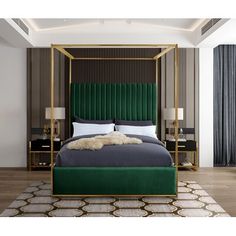 a bed with a green velvet headboard and foot board on top of it in a bedroom