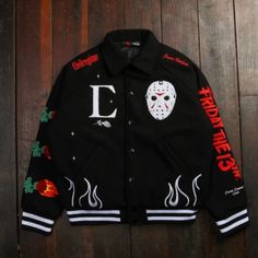 Awesome Varsity Jacket From Civil Regime, Limited Sold Out Release! Great Quality Thick Material Friday The 13th Jason, Jason Vorhees, Friday The 13th, Black Red, Varsity Jacket, Mens Jackets, Black And Red, Jackets & Coats, Man Shop