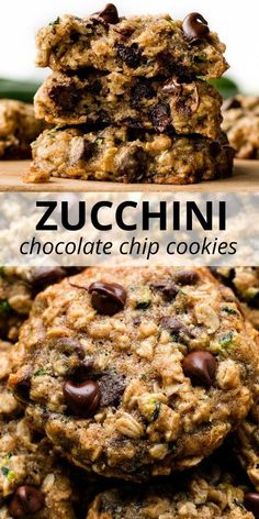 zucchini chocolate chip cookies stacked on top of each other with text overlay