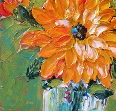 a painting of an orange flower in a vase