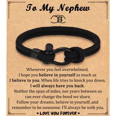 a black rope bracelet with the words to my nepheu on it and an image of