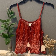 Burnt Orange Bohemian Tassel Tank Cami Bought From Forever21 Nwt Looks Like Uo, Free People, Anthropologie Sleeveless Tassel Crop Top For Summer, Casual Red Tassel Top, Casual Red Tops With Tassels, Red Bohemian Tops For Summer, Summer Red Boho Print Top, Red Boho Print Tops For Vacation, Red Bohemian Tops For Beach Season, Casual Boho Print Tops For Beach Season, Casual Summer Tops With Back Tassel Tie-up