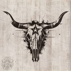 a bull's skull with long horns on a wooden background is drawn in black ink