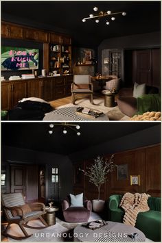 two pictures of the same living room and dining room, one is in dark wood