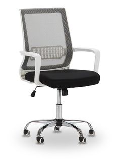 an office chair with black and white upholstered seat, viewed from the front