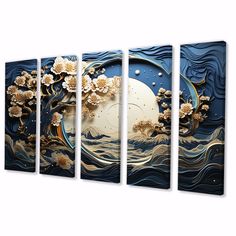 an abstract painting with flowers and waves in blue tones on a white background, set of three