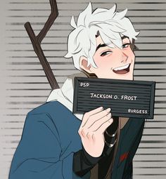 an anime character holding up a sign that says psp jackson frost