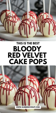 Indulge in bloody red velvet cake pops that are both spooky and scrumptious. These cake pops are a fun and festive way to enjoy red velvet cake with a Halloween twist. Save this pin and make your Halloween celebrations both tasty and chilling! Horror Baking Ideas, Halloween Red Velvet Cake Ideas, Halloween Food And Dessert Ideas, Simple Halloween Baked Goods, Red Halloween Treats, Halloween Theme Baked Goods, How To Make Cake Pops Halloween, Vampire Theme Desserts, Scary Halloween Treats Parties Food