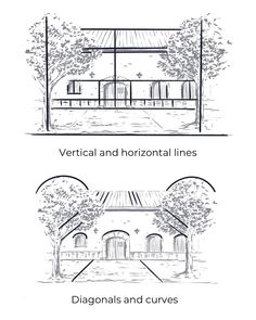 two different views of the front and side of a building with trees on each side