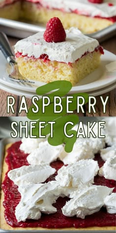 raspberry sheet cake with whipped cream and fresh raspberries on the top