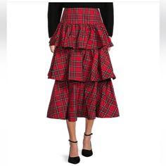 From Antonio Melani, This Skirt Features: Plaid Taffeta Fabrication Lined Invisible Hook & Zipper Back Closure Approx. 34.75" Length Polyester Dry Clean Imported. Plaid Tiered Skirt With Ruffles, Plaid Tiered Ruffled Skirt, Fitted Plaid Skirt With Ruffles, Long Skirt Outfits, Tiered Ruffle Skirt, Red Tartan, Antonio Melani, Tier Skirt, Christmas Fashion