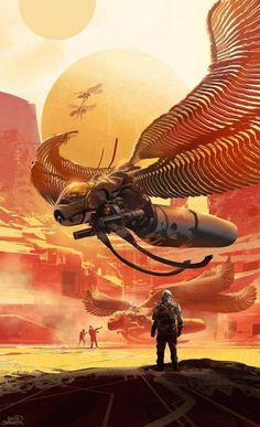 a man standing on top of a desert next to an alien like bird flying over him