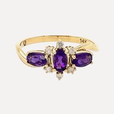 We named this special ring after Barbara Novak from Down with Love, living in NYC in the age of "Girl Power." This ring features a cluster of 3 oval Amethyst stones and 6 small round diamonds giving it an extra sparkle. Amethyst, birthstone of February, is a beautiful violet to purple variation of quartz and a natural tranquilliser. 14k Gold Purple Ring With Diamond Accents, Purple 14k Gold Ring With Diamond Accents, Purple Diamond Ring In 14k Gold For Anniversary, Purple Cluster Ring With Accent Stones, Oval Amethyst Ring With Diamond Accents For Anniversary, Elegant Purple Multi-stone Cluster Ring, Three Stone Oval Cluster Ring In Yellow Gold, Anniversary Oval Amethyst Ring With Diamond Accents, Purple Cluster Rings For Formal Occasions