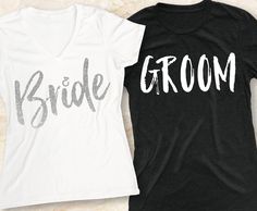 two t - shirts with the word bride and groom printed on them next to each other