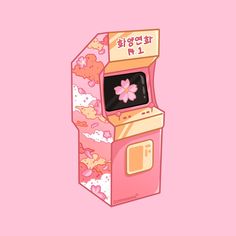 an illustration of a pink toy machine with flowers on it's front and sides