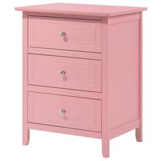 a pink chest of drawers with three drawers on one side and two drawers on the other