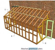 the side view of a brick wall with an open roof and wooden framing on it