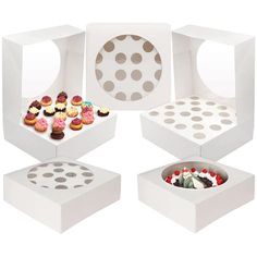 four cupcakes are arranged in the shape of boxes