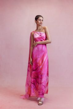 Abira One Shoulder Dress – Hemant & Nandita One Shoulder Long Dress, Dress Hanger, Hemant And Nandita, Polyester Satin, Pink Ombre, Mini Dresses, Floral Maxi, Midi Dresses, Perfect Dress