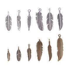 six different types of feather charms in various shapes and sizes, all on white background