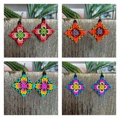 four different designs of earrings made from seed beads