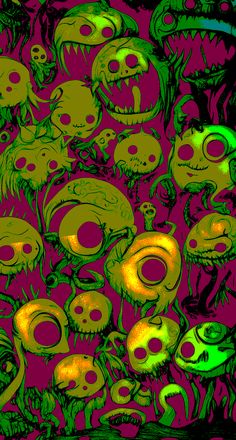 a bunch of green and yellow skulls on a purple background