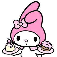 hello kitty holding a cupcake and cake