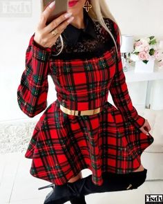 Womens Eyelash Lace Plaid Print Long Sleeve Dress Plaid Mini Dress For Party, Red Long Sleeve Mini Dress For Winter, Red Non-stretch Winter Dress, Christmas Long Sleeve Mini Dress For Date Night, Winter Party Plaid Mini Dress, Plaid Dresses For Fall Party, Red Non-stretch Dress For Fall, Casual Red Holiday Dress, Casual Plaid Dress For Parties