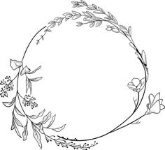 a round frame with flowers and leaves on it, drawn in black ink by hand