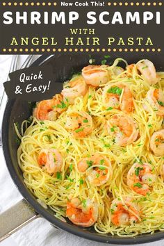 shrimp scampi with angel hair pasta in a skillet