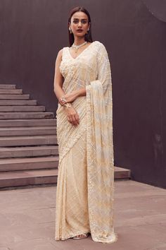 Beige saree with all over geometric embroidery using sequins and beads. Paired with a blouse with all over floral embellishments using tonal sequin work. - Aza Fashions Beige Saree, Geometric Embroidery, Embroidered Saree, Blouse For Women, Saree Look, Fashion App, Saree With Blouse, Post Wedding, Wedding Looks