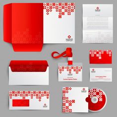 red and white stationery set with envelope, cd case, business card and letterhead