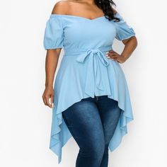 Beautiful Off The Shoulder, Sweet Heart Neck, Short Puff Sleeves, Asymmetric Hem Top In Light Blue 1x Size Bust 42-44 Waist 33-36 Hip 43-45 2x Size Bust 45-47 Waist 37-40 Hip 45-47 3x Size Bust 48-50 Waist 41-44 Hip 48-51 *Dark Blue Garment Added To Show Rear Of Blouse *Measurements Are Approximates, Please Use As A Guide Only. Fabric: Techno Crepe Content: 96%Polyester 4%Spandex Spring Blue Blouse With Asymmetrical Hem, Blue Asymmetrical Hem Blouse For Spring, Blue Asymmetrical Blouse For Spring, Sweet Heart Neck, Shiny Blouse, Sheer Mesh Top, Asymmetrical Hem Top, Blouse Measurement, Brown Tie