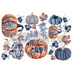 Three sheets of small rub on transfers that feature pumpkins with blue porcelain designs, and fall leaves in shades of orange and blue are against a white background. Furniture Decals, Pumpkins And Leaves, Redesign With Prima, Fall Designs, Decoupage Napkins, Rub On Transfers, Decoupage Paper, Fall Design, Small Decor