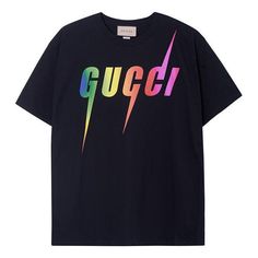 Shop GUCCI Rainbow Gucci Blade Tee 'Black' 616036-XJFF9-1152 at KICKS CREW — your go-to for authentic, stylish sneakers. Whether for fashion, performance, or collection, find your perfect pair with us. Gucci Black T-shirt With Logo Print, Gucci Designer Black T-shirt, Casual Multicolor Gucci Tops, Designer Gucci Black T-shirt, Gucci Black Crew Neck Top, Gucci Black Tops With Letter Print, Black Gucci Tops With Letter Print, Gucci Black Top With Letter Print, Gucci Black Short Sleeve Tops