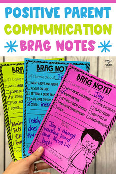 three brag notes with the text, positive parent communication and brag notes