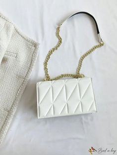 BirdinBag - Flap Chain Square Bag with Metal Letter Decoration - Compact and Stylish White Formal Flap Bag With Chain Strap, Formal White Flap Bag With Chain Strap, Crossbody Shoulder Bag With Chain As Gift, White Box Bag With Chain Strap, Gift Satchel Shoulder Bag With Chain Strap, Chic Bag With Gold Chain For Gift, Satchel Shoulder Bag With Chain Strap As Gift, White Box Shoulder Bag With Chain Strap, White Bags With Chain Strap For Daily Use